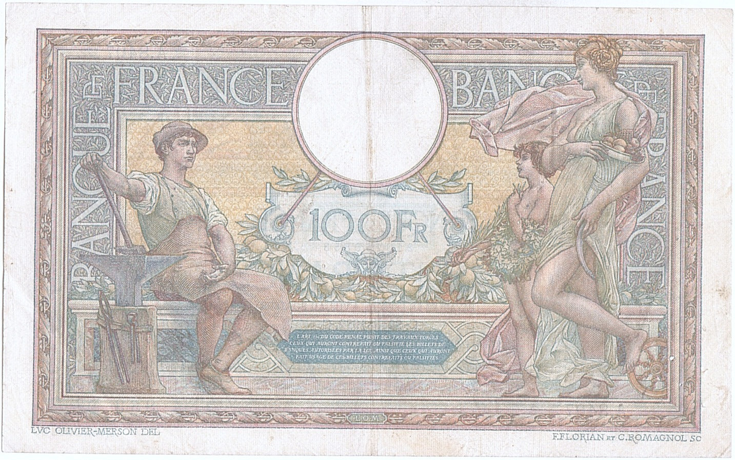 Banknote, France, 100 Francs, 100 F 1908-1939 ''Luc Olivier Merson'', 1922