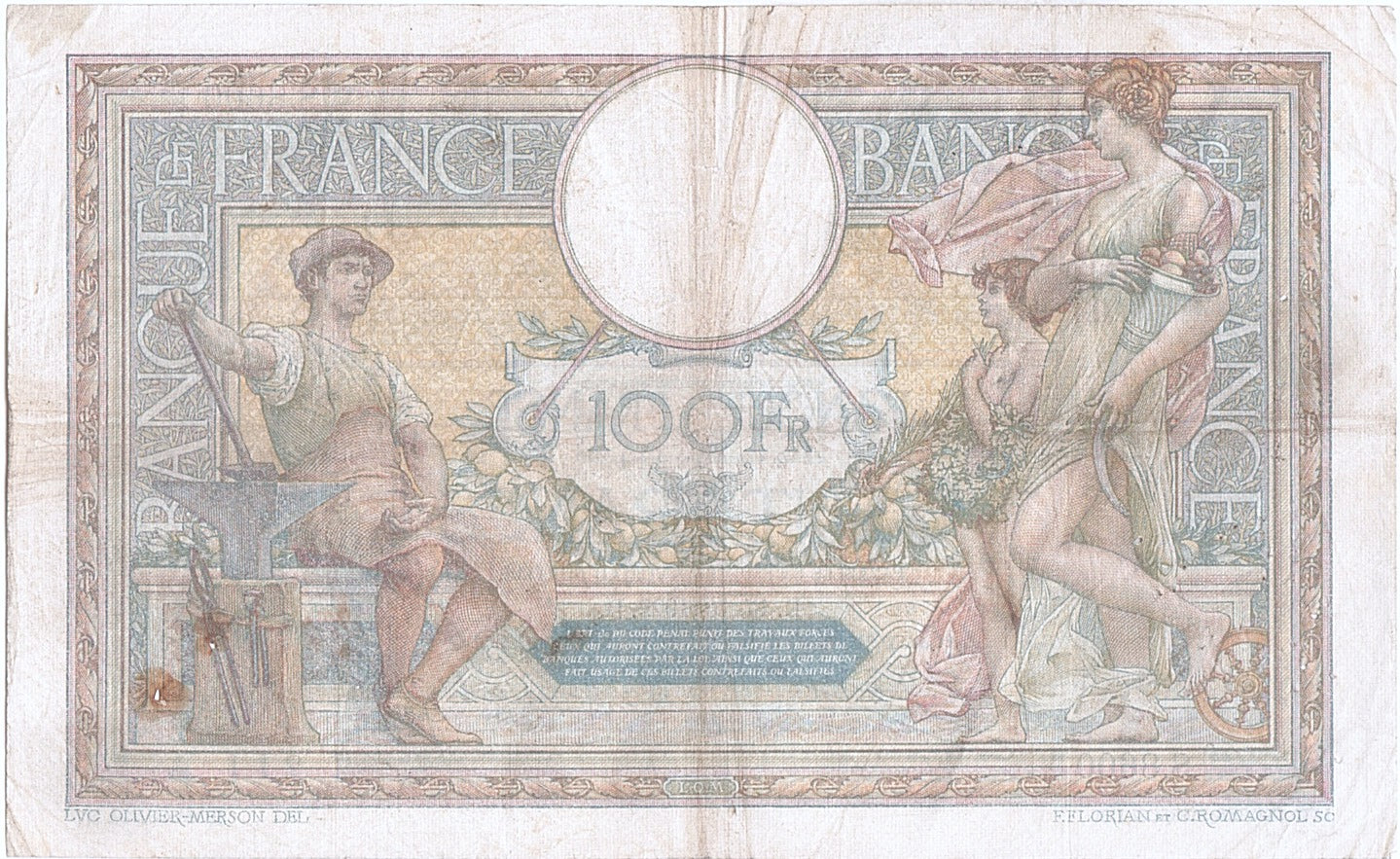 Banknot, Francja, 100 Francs, Luc Olivier Merson, 1922, 1922-10-17, VF(30-35)
