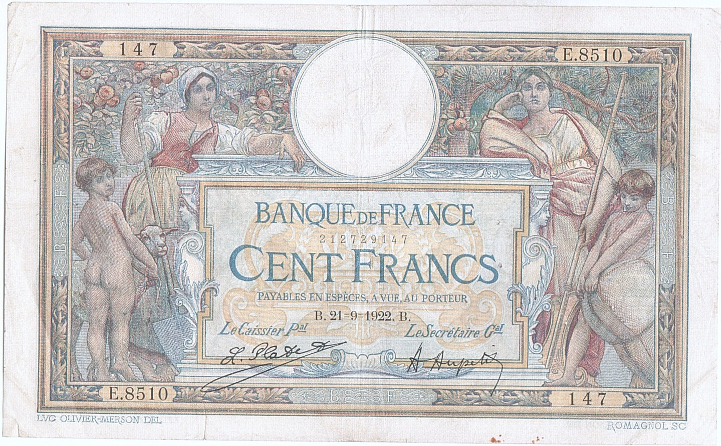 Banconote, Francia, 100 Francs, 100 F 1908-1939 ''Luc Olivier Merson'', 1922