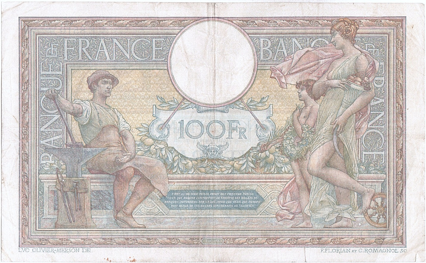 Banconote, Francia, 100 Francs, 100 F 1908-1939 ''Luc Olivier Merson'', 1922