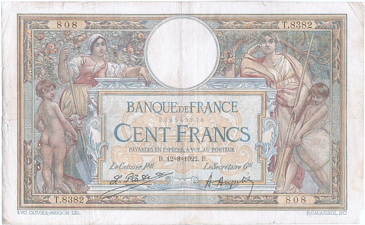 Banknote, France, 100 Francs, 100 F 1908-1939 ''Luc Olivier Merson'', 1922
