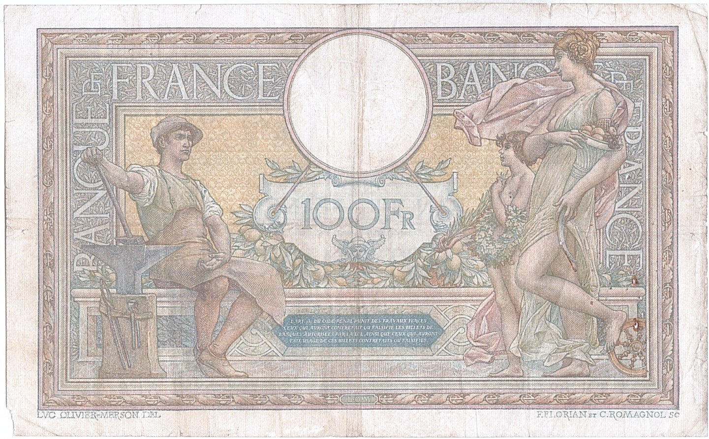 Banknote, France, 100 Francs, 100 F 1908-1939 ''Luc Olivier Merson'', 1922