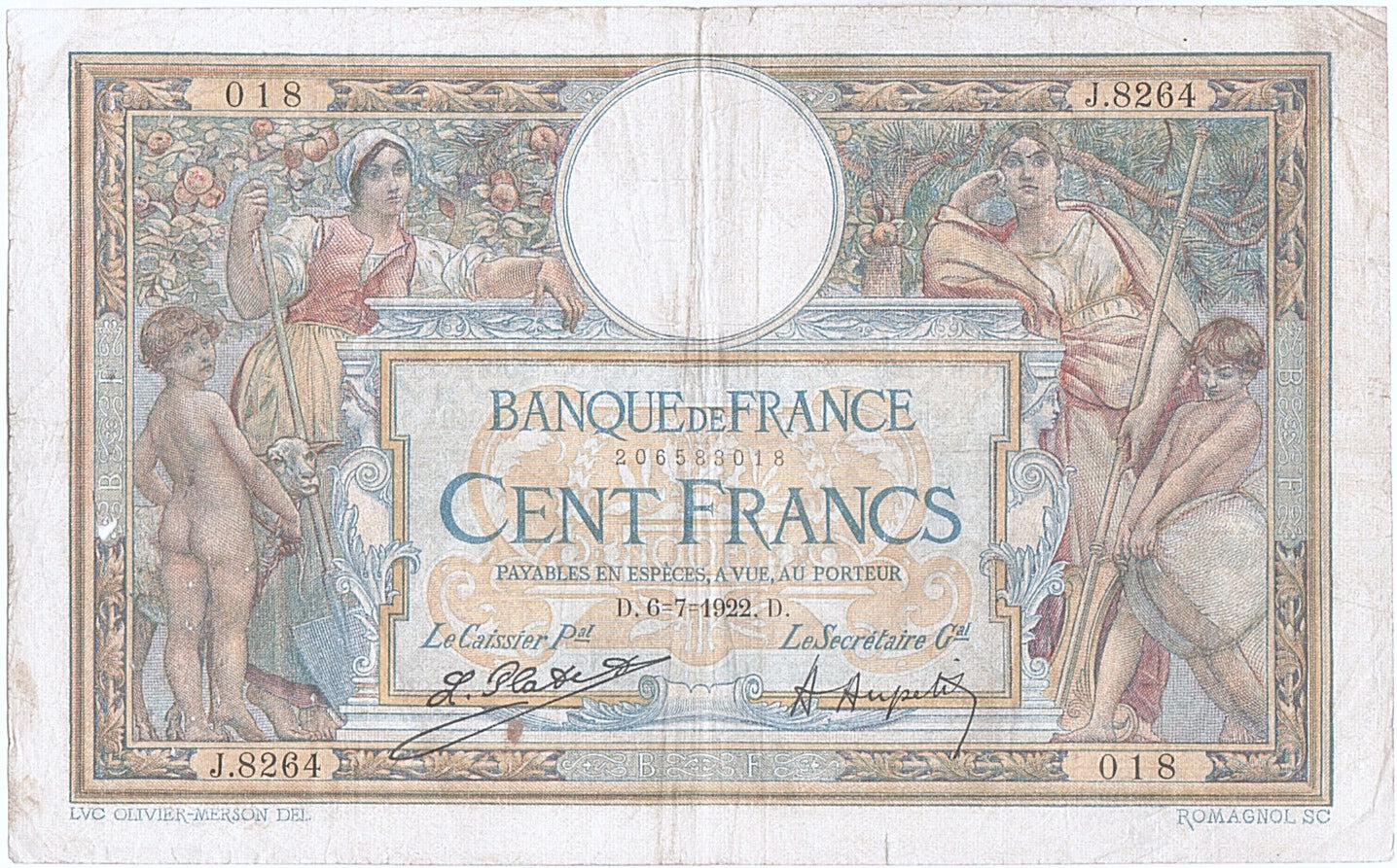 Banknote, France, 100 Francs, 100 F 1908-1939 ''Luc Olivier Merson'', 1922