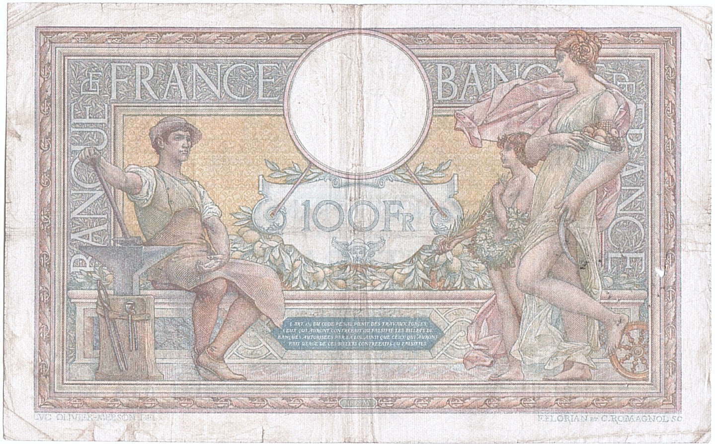 Banknote, France, 100 Francs, 100 F 1908-1939 ''Luc Olivier Merson'', 1922