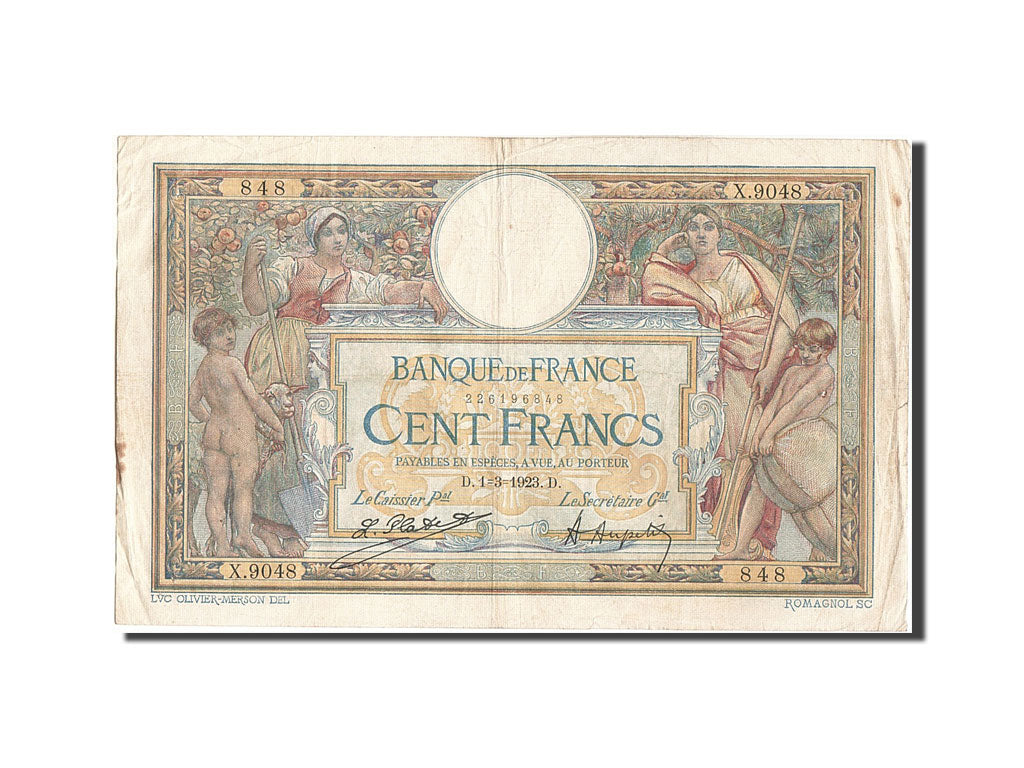 Banknote, France, 100 Francs, 100 F 1908-1939 ''Luc Olivier Merson'', 1923