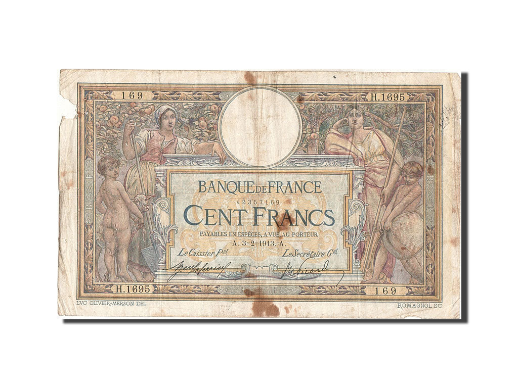 Banknote, France, 100 Francs, 100 F 1908-1939 ''Luc Olivier Merson'', 1913