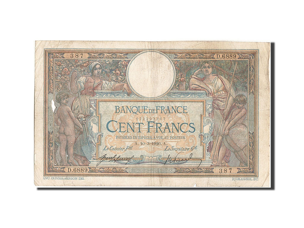 Banknot, Francja, 100 Francs, Luc Olivier Merson, 1920, 1920-03-10, VF(20-25)