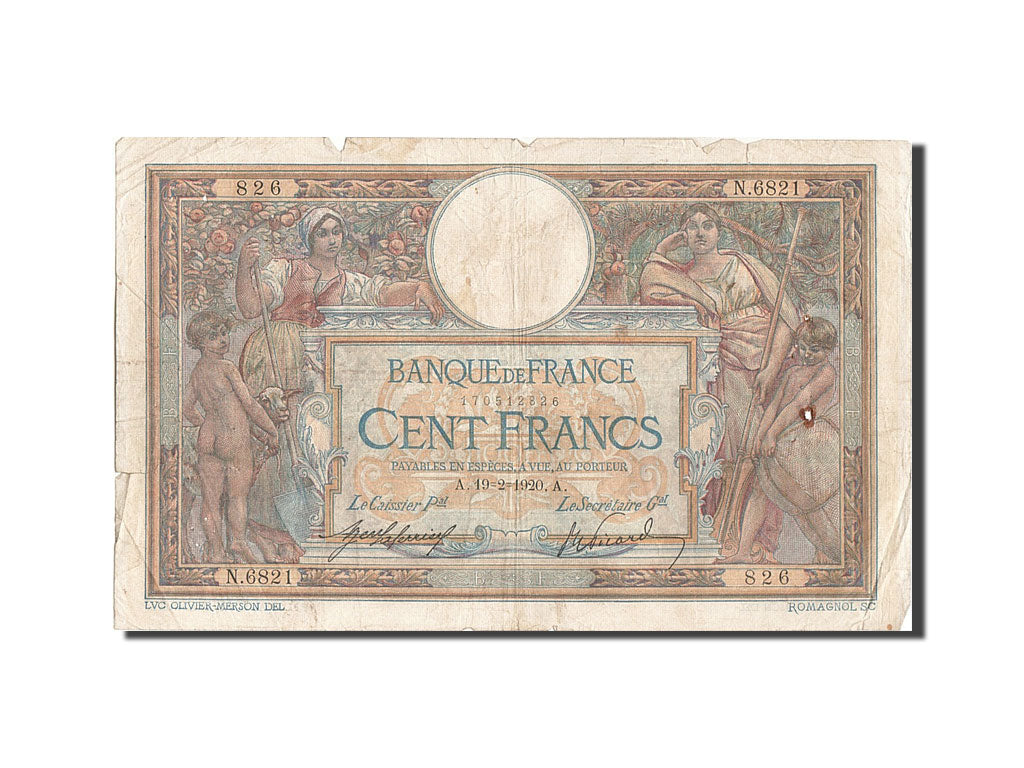 Biljet, Frankrijk, 100 Francs, 100 F 1908-1939 ''Luc Olivier Merson'', 1920