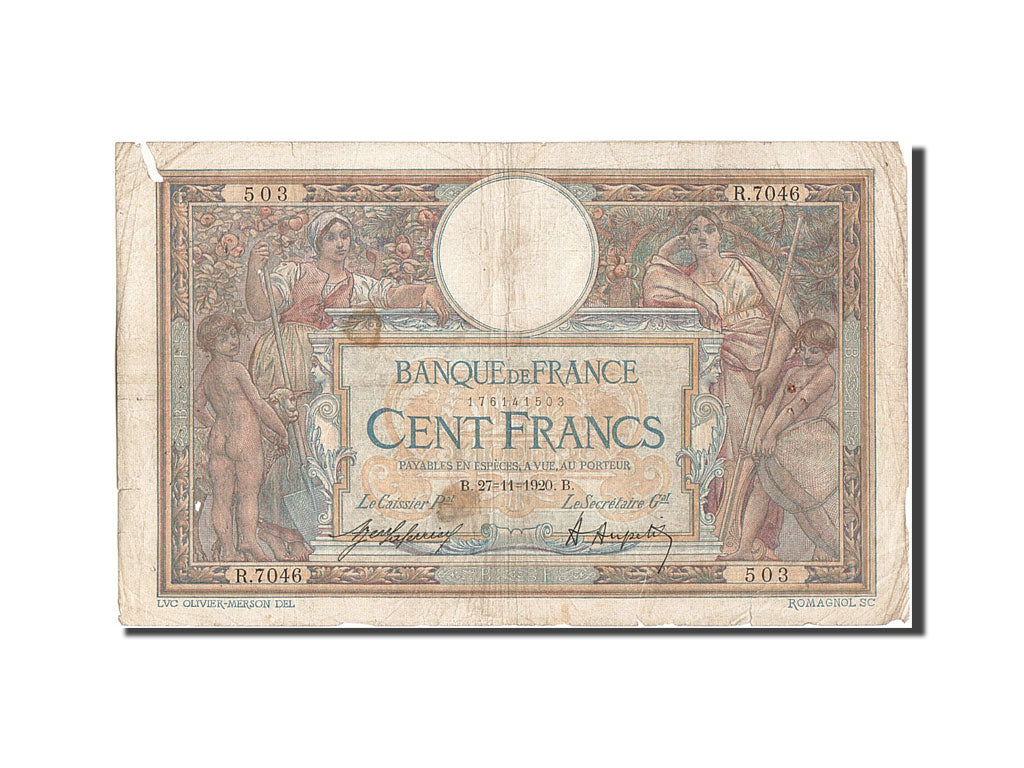 Banknote, France, 100 Francs, 100 F 1908-1939 ''Luc Olivier Merson'', 1920