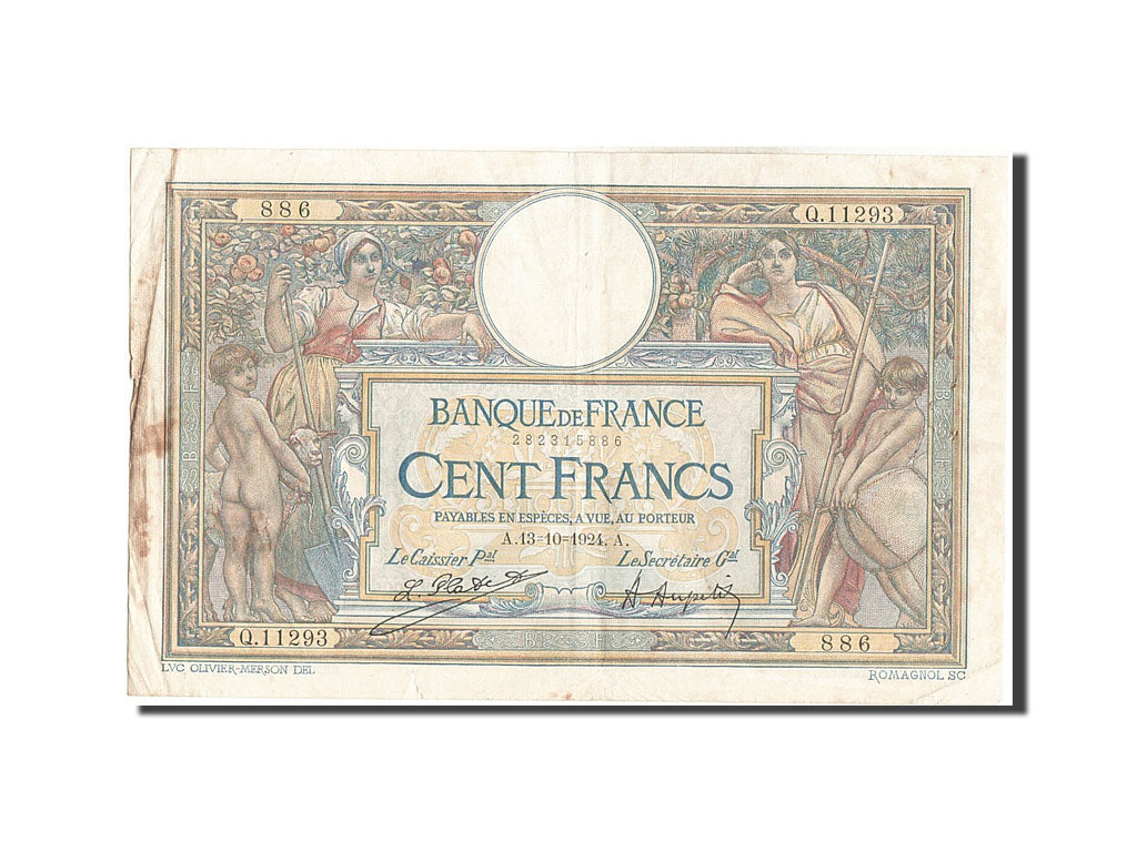 Banknote, France, 100 Francs, 100 F 1908-1939 ''Luc Olivier Merson'', 1924