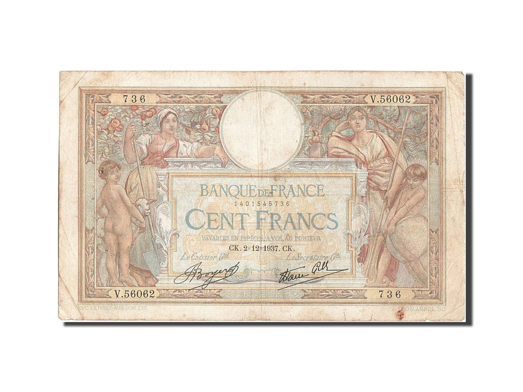 Banknote, France, 100 Francs, 100 F 1908-1939 ''Luc Olivier Merson'', 1937