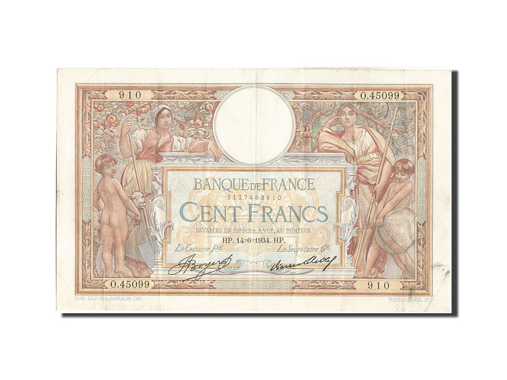 Banknote, France, 100 Francs, 100 F 1908-1939 ''Luc Olivier Merson'', 1934