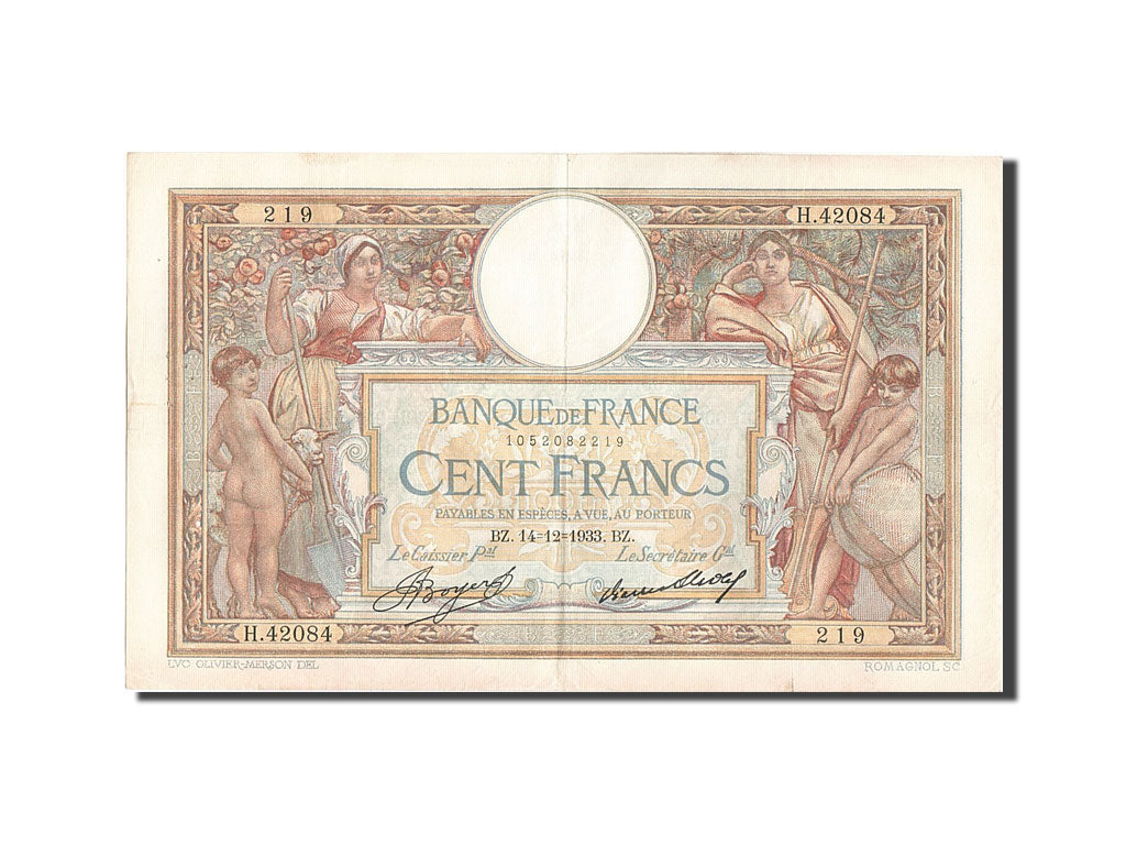 Billete, Francia, 100 Francs, 100 F 1908-1939 ''Luc Olivier Merson'', 1933