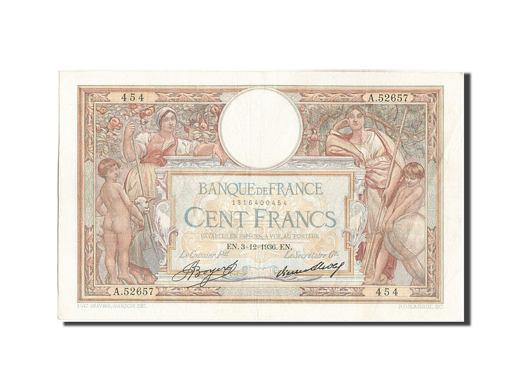 Biljet, Frankrijk, 100 Francs, 100 F 1908-1939 ''Luc Olivier Merson'', 1936