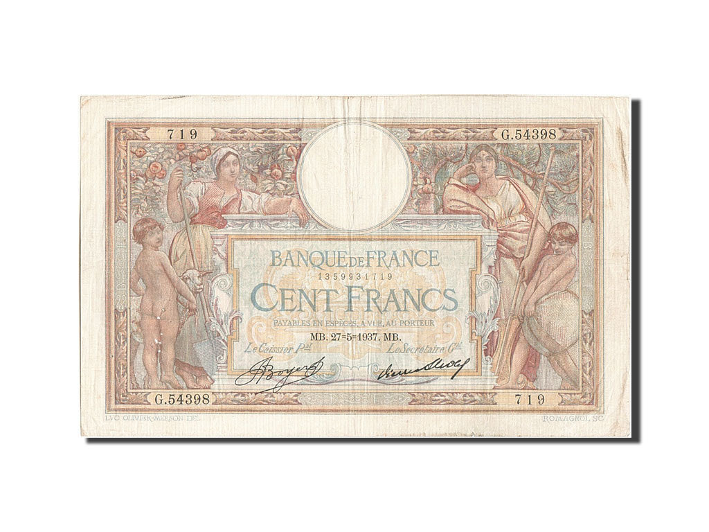 Banknot, Francja, 100 Francs, Luc Olivier Merson, 1937, 1937-05-27, EF(40-45)