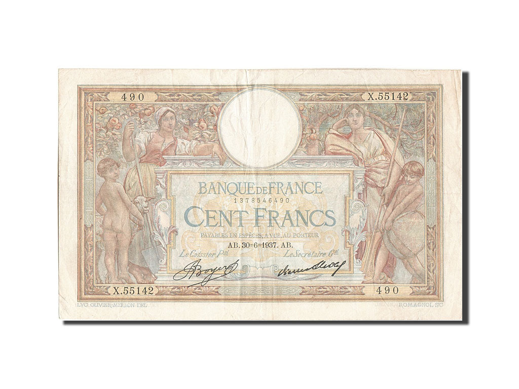Banknot, Francja, 100 Francs, Luc Olivier Merson, 1937, 1937-06-30, EF(40-45)