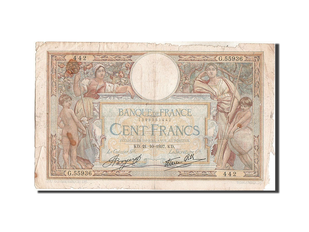 Billete, Francia, 100 Francs, 100 F 1908-1939 ''Luc Olivier Merson'', 1937