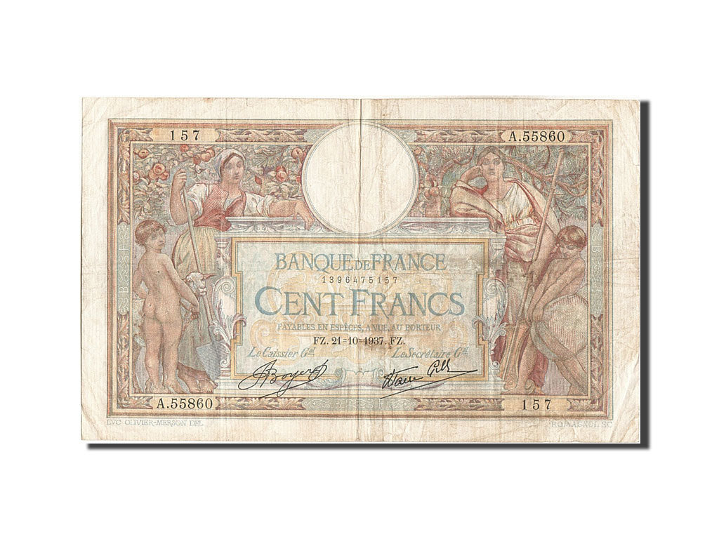 Biljet, Frankrijk, 100 Francs, 100 F 1908-1939 ''Luc Olivier Merson'', 1937