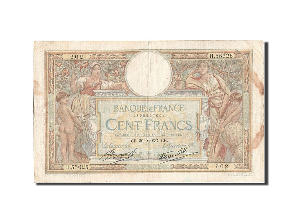 Billete, Francia, 100 Francs, 100 F 1908-1939 ''Luc Olivier Merson'', 1937