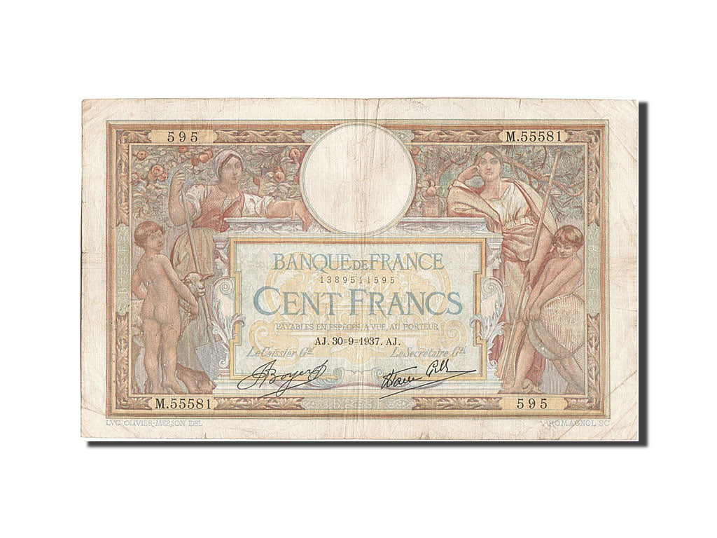 Billete, Francia, 100 Francs, 100 F 1908-1939 ''Luc Olivier Merson'', 1937