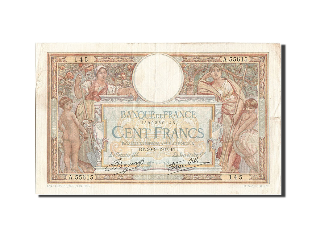 Banknote, France, 100 Francs, 100 F 1908-1939 ''Luc Olivier Merson'', 1937
