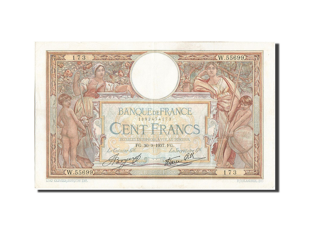 Biljet, Frankrijk, 100 Francs, 100 F 1908-1939 ''Luc Olivier Merson'', 1937