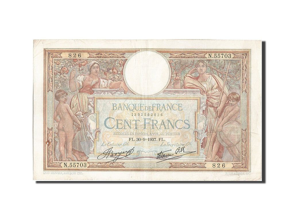 Biljet, Frankrijk, 100 Francs, 100 F 1908-1939 ''Luc Olivier Merson'', 1937