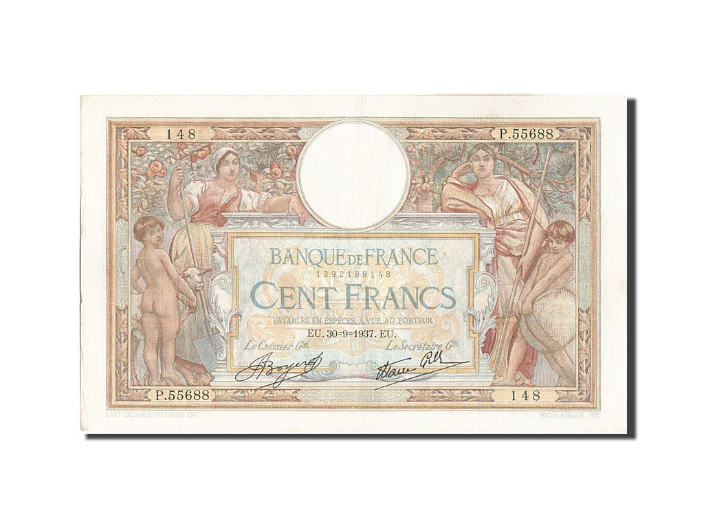 Banknot, Francja, 100 Francs, Luc Olivier Merson, 1937, 1937-09-30, AU(50-53)