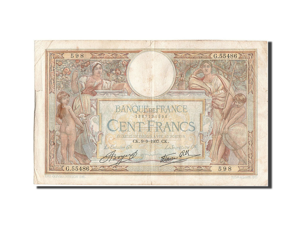 Banknot, Francja, 100 Francs, Luc Olivier Merson, 1937, 1937-09-09, VF(20-25)