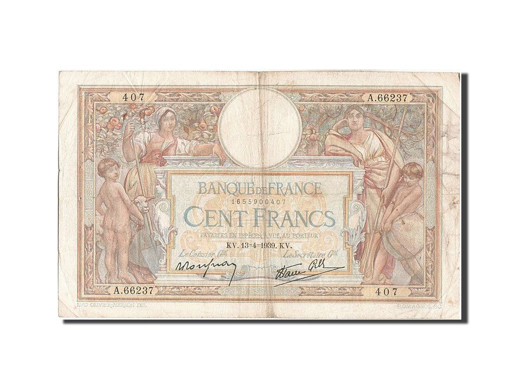Biljet, Frankrijk, 100 Francs, 100 F 1908-1939 ''Luc Olivier Merson'', 1939