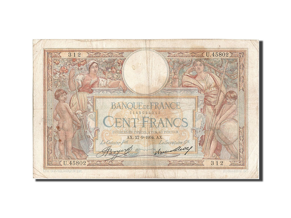 Banknote, France, 100 Francs, 100 F 1908-1939 ''Luc Olivier Merson'', 1934