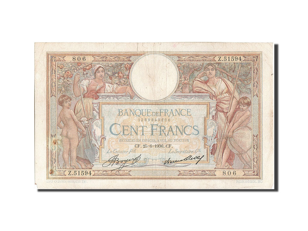 Banknote, France, 100 Francs, 100 F 1908-1939 ''Luc Olivier Merson'', 1936