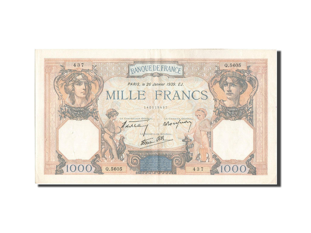 Banknot, Francja, 1000 Francs, Cérès et Mercure, 1939, 1939-01-26, AU(50-53)