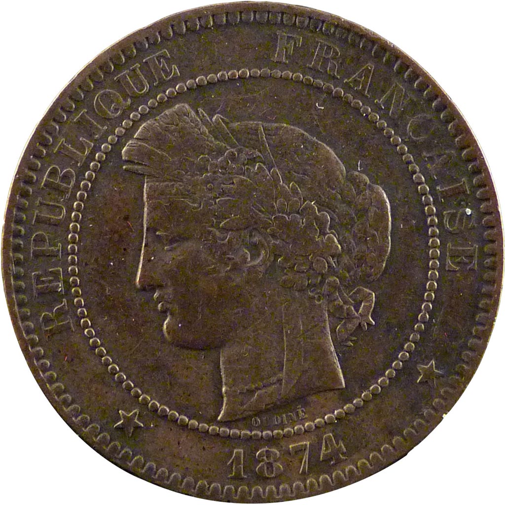 Coin, France, Cérès, 10 Centimes, 1874, Bordeaux, EF(40-45), Bronze