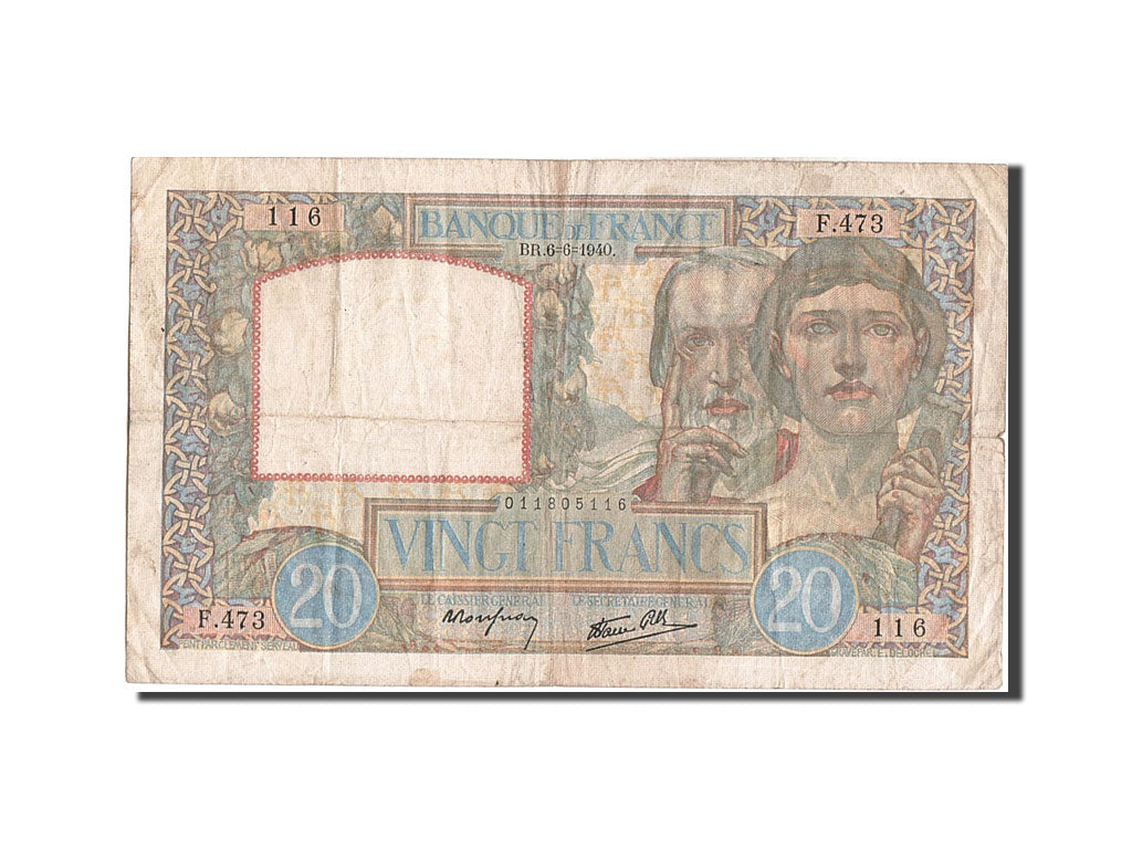 Billete, Francia, 20 Francs, 20 F 1939-1942 ''Science et Travail'', 1940