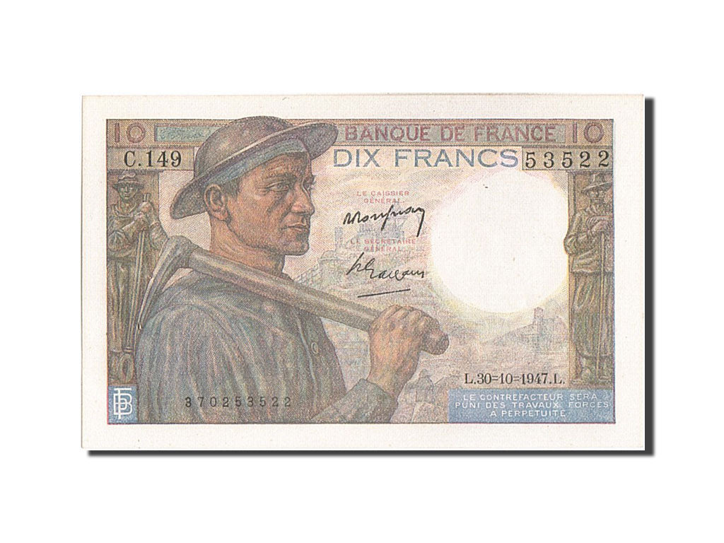 Banconote, Francia, 10 Francs, 10 F 1941-1949 ''Mineur'', 1947, 1947-10-30, SPL