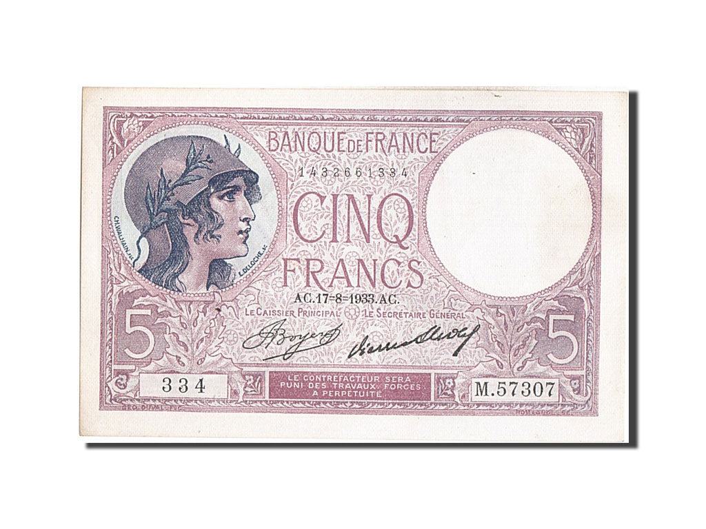 Geldschein, Frankreich, 5 Francs, 5 F 1917-1940 ''Violet'', 1933, VZ+