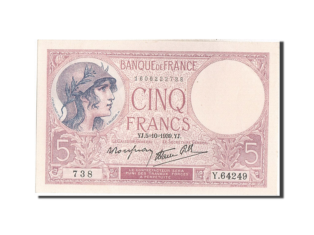 Billete, Francia, 5 Francs, 5 F 1917-1940 ''Violet'', 1939, 1939-10-05, UNC