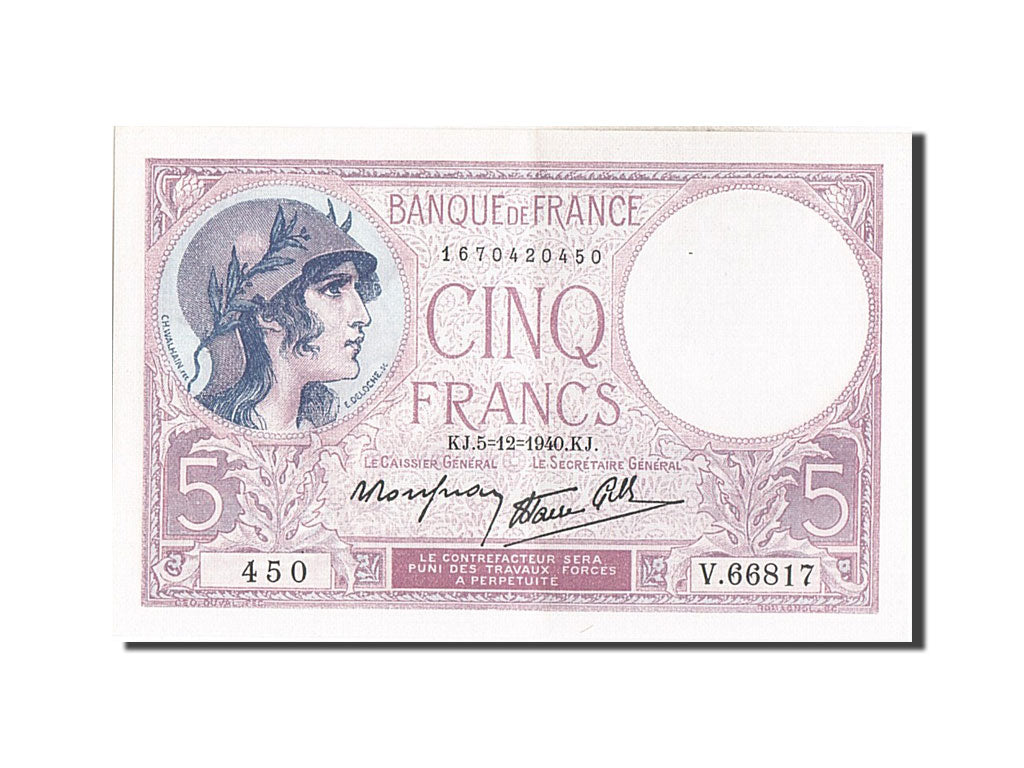 Geldschein, Frankreich, 5 Francs, 5 F 1917-1940 ''Violet'', 1940, 1940-12-05