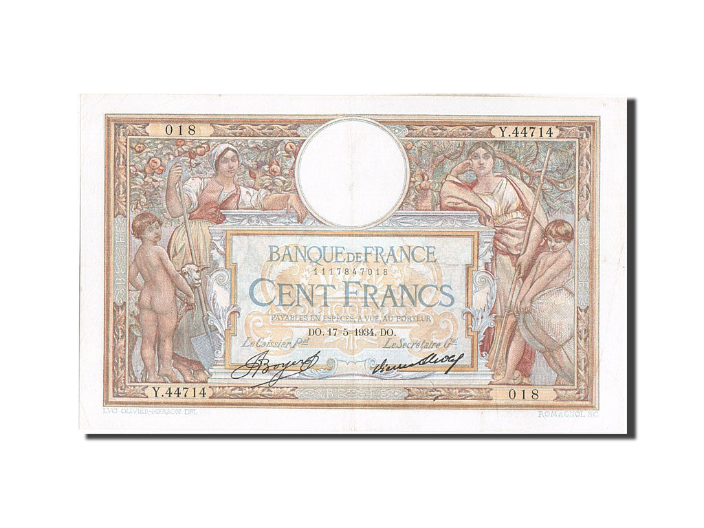 Biljet, Frankrijk, 100 Francs, 100 F 1908-1939 ''Luc Olivier Merson'', 1934