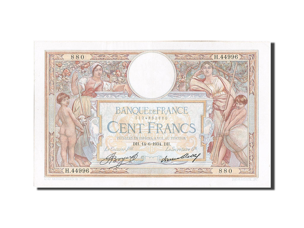 Billete, Francia, 100 Francs, 100 F 1908-1939 ''Luc Olivier Merson'', 1934