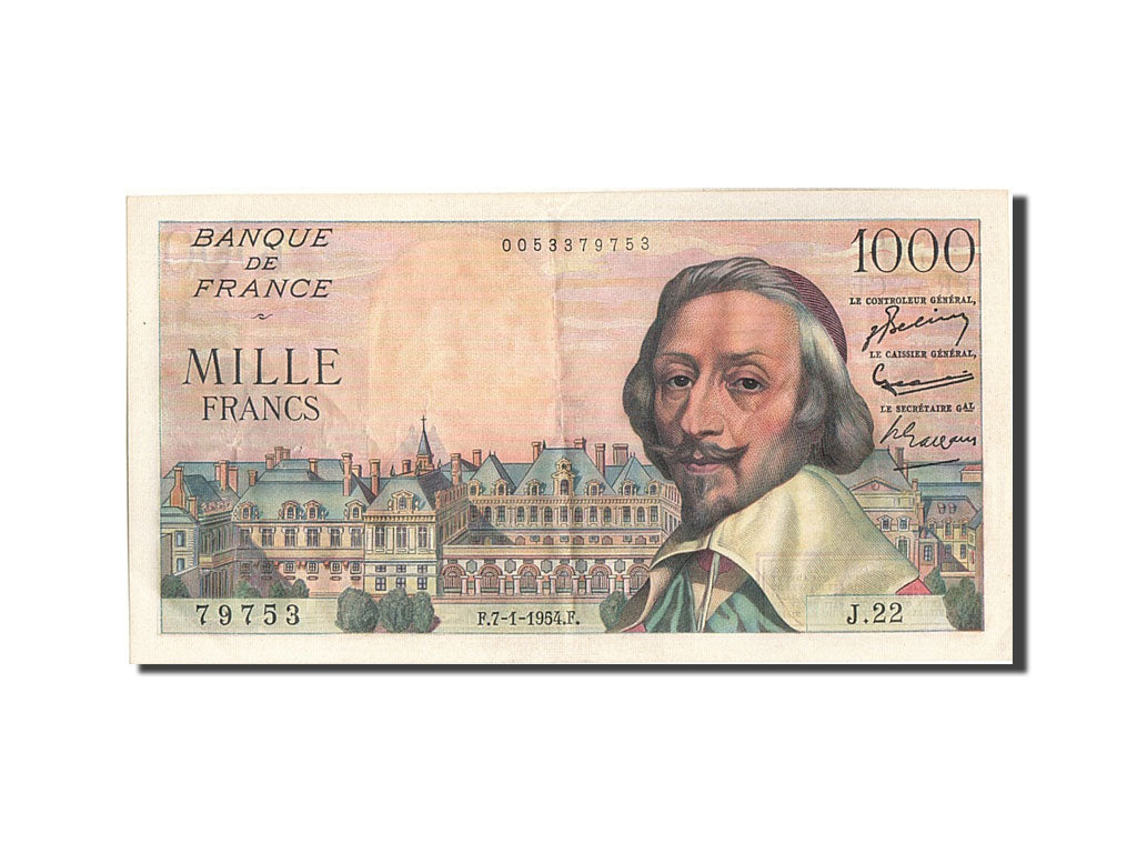 Geldschein, Frankreich, 1000 Francs, 1 000 F 1953-1957 ''Richelieu'', 1954
