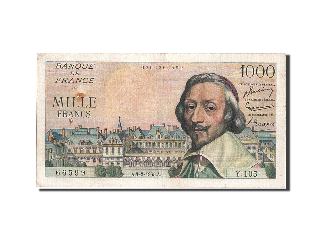 Billete, Francia, 1000 Francs, 1 000 F 1953-1957 ''Richelieu'', 1955