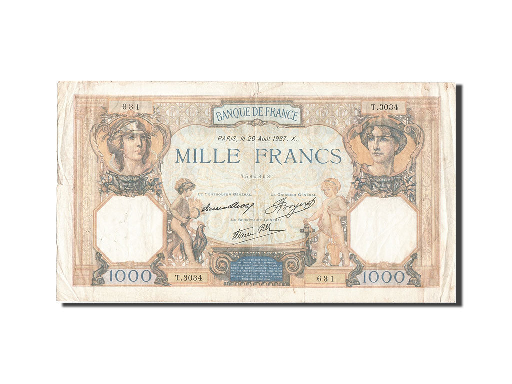 Biljet, Frankrijk, 1000 Francs, 1 000 F 1927-1940 ''Cérès et Mercure'', 1937