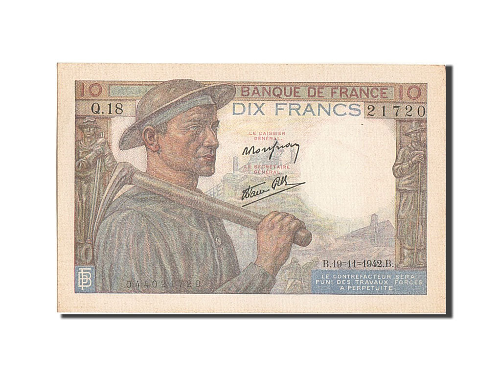 Banknot, Francja, 10 Francs, Mineur, 1942, 1942-11-19, UNC(63), Fayette:8.5