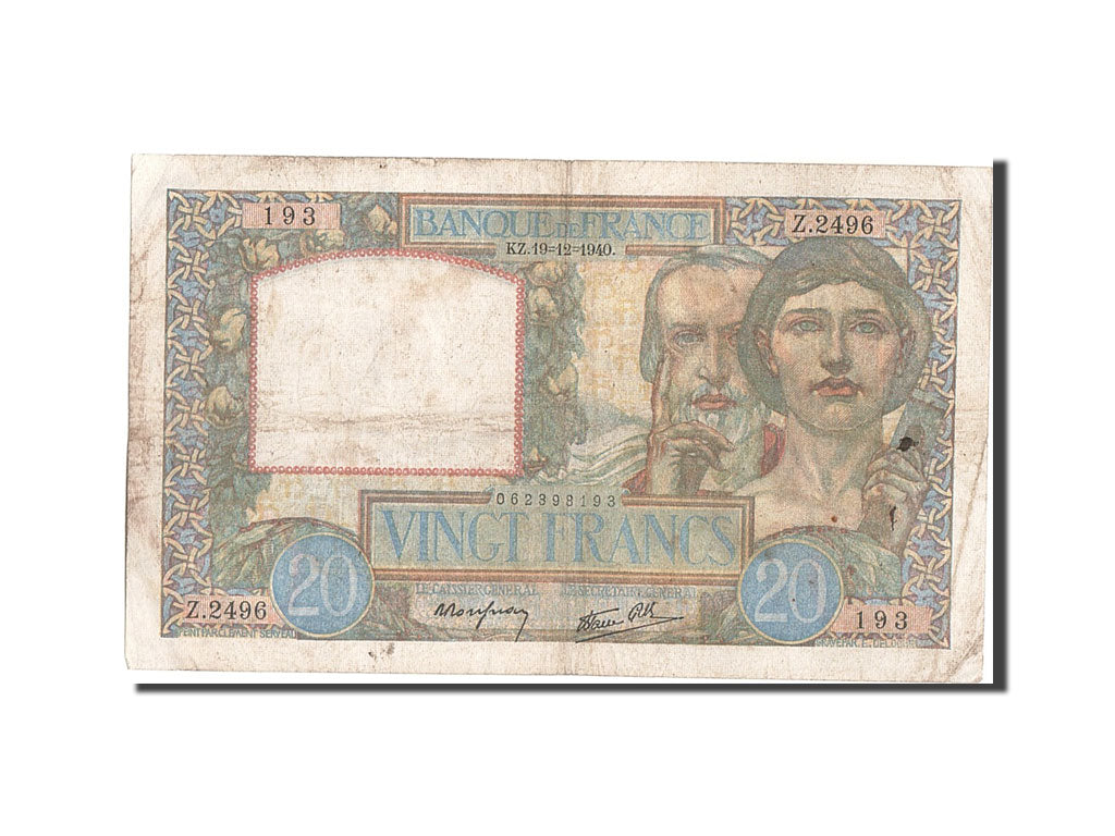 Banknote, France, 20 Francs, 20 F 1939-1942 ''Science et Travail'', 1940