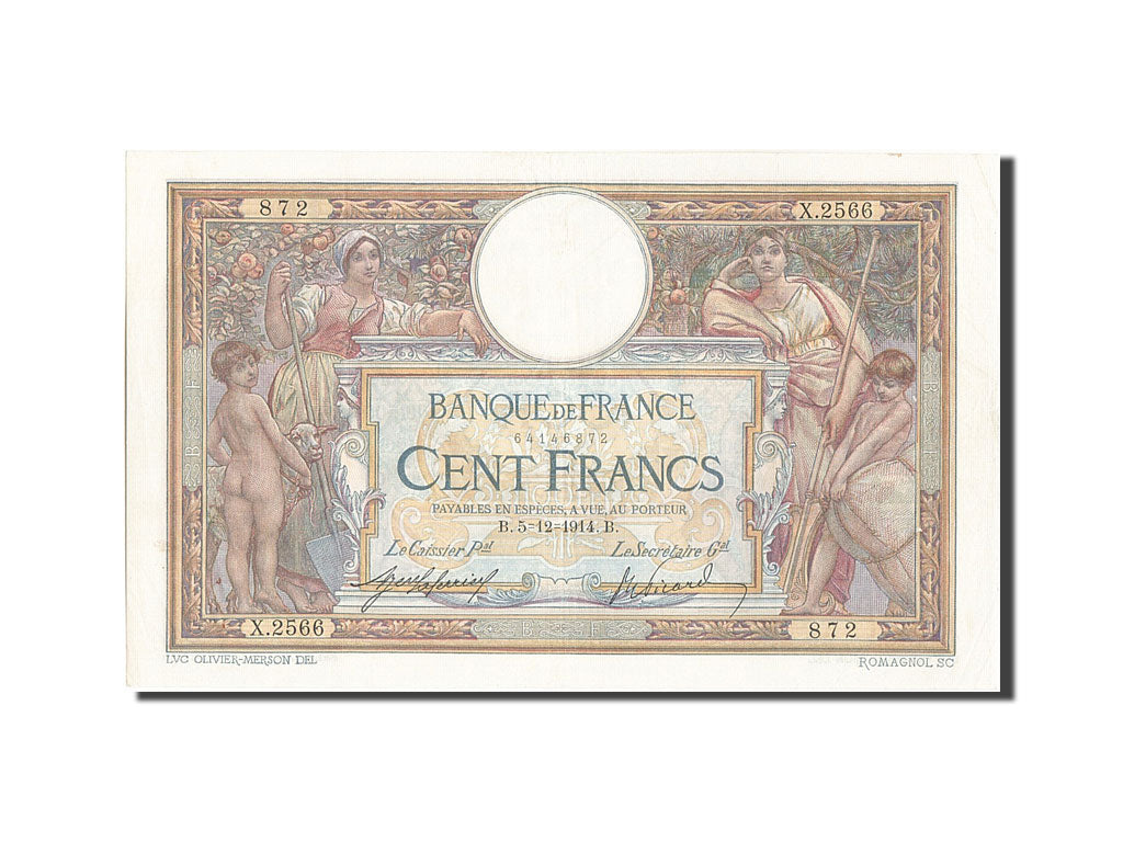 Billete, Francia, 100 Francs, 100 F 1908-1939 ''Luc Olivier Merson'', 1914