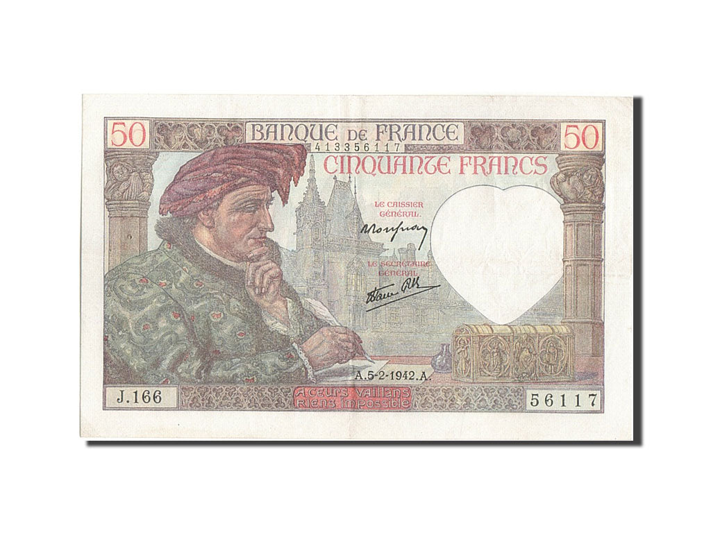 Banknot, Francja, 50 Francs, Jacques Coeur, 1942, 1942-02-05, AU(50-53)