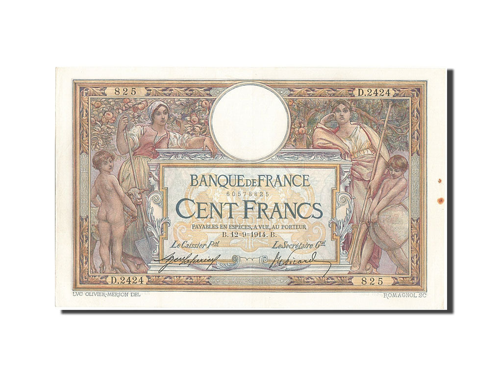 Banconote, Francia, 100 Francs, 100 F 1908-1939 ''Luc Olivier Merson'', 1914