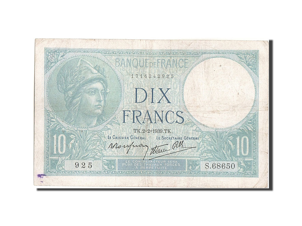 Billete, Francia, 10 Francs, 10 F 1916-1942 ''Minerve'', 1939, 1939-02-02, BC+